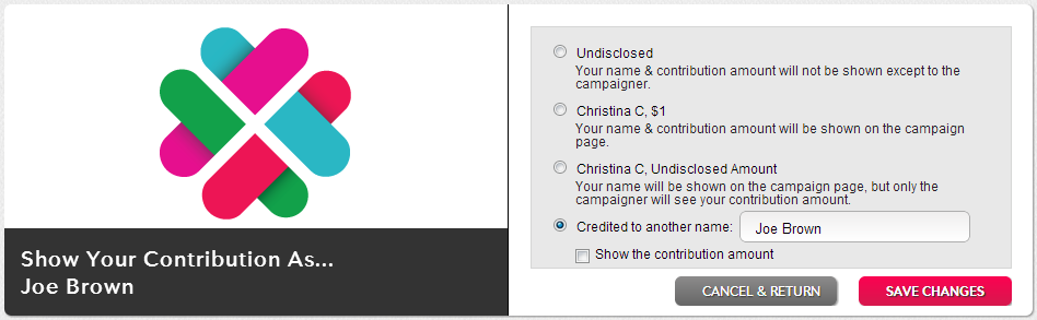 Crediting someone else on IndieGoGo